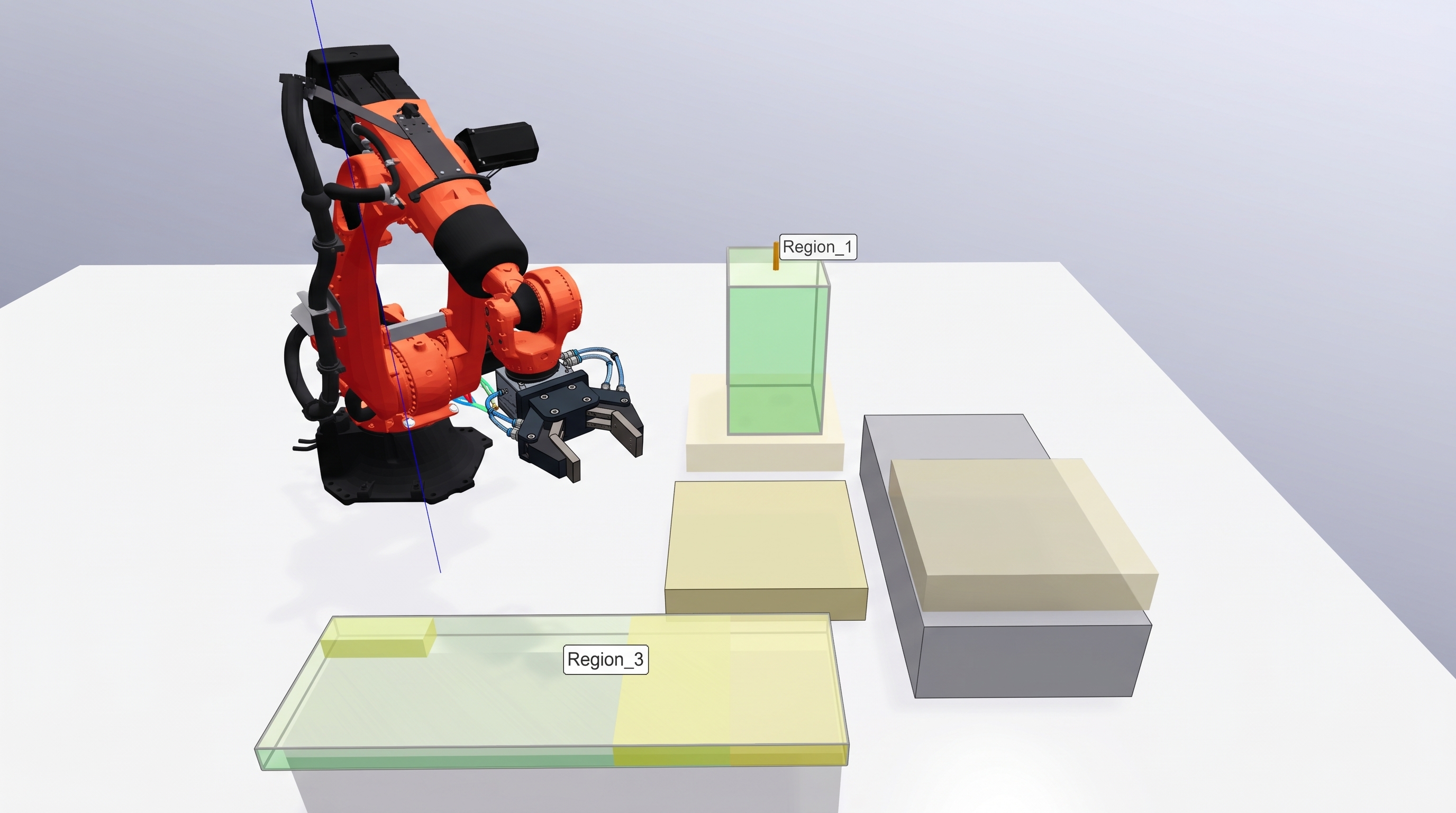 Robot cell layout validation scene with robot, fixtures, and task regions